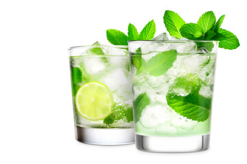 Set of Mojito cocktails, garnished with fresh mint and a slice of lime in a tall glass