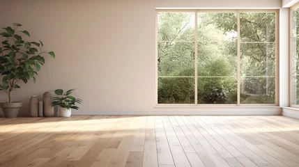 Fotobehang Pusty biały pokój z dużym oknem i drewnianą podłogą © Micha