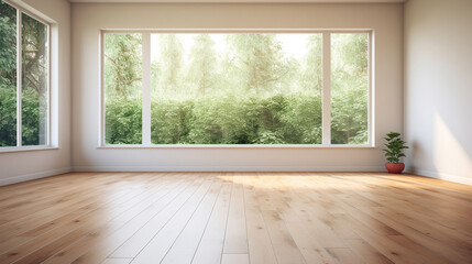 Pusty biały pokój z dużym oknem i drewnianą podłogą