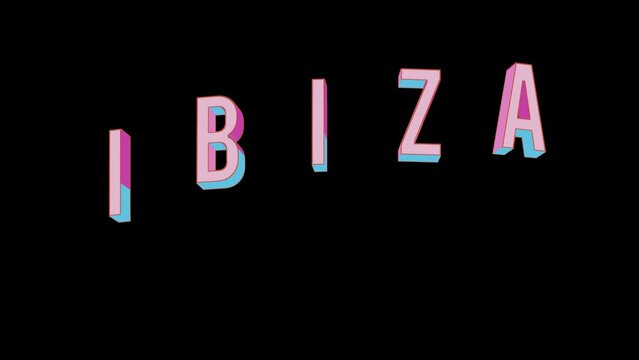 Bright letters jump merrily in the inscription IBIZA city. Retro. Alpha channel black. Looped from frame 120 to 240, Alpha BW at the end