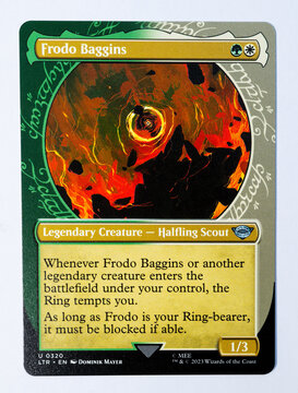 Hamburg, Germany - 06092023: photo of the English magic the gathering paper card Frodo Baggins from the Lord of the Rings Tales of Middle earth extra set.
