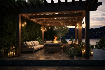 3D rendering of an outdoor patio covered by a canopy. Generative AI