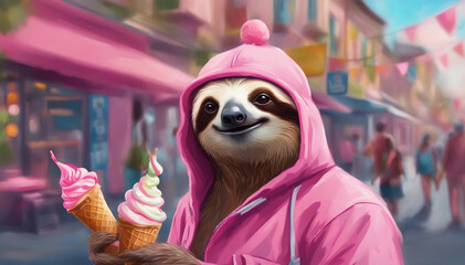 A sloth in pink clothes is eating ice cream on the street. Generative AI. - obrazy, fototapety, plakaty