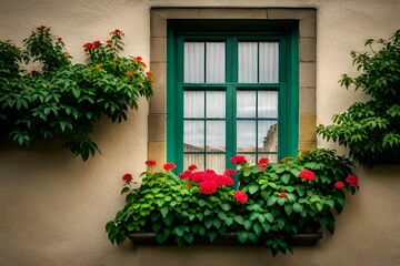 Fototapeta na wymiar window with flowers in the garden