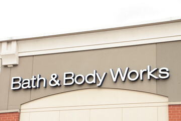 bath and body works store storefront sign logo on front of store, close up