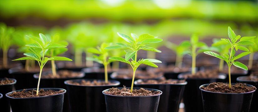 Acacia tree seedlings in farm nursery Agricultural context with copyspace for text