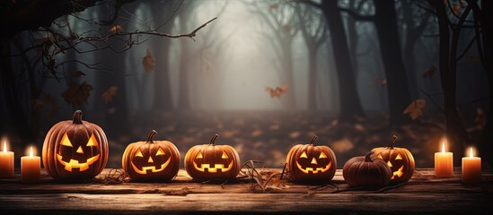 Halloween banner with pumpkins on spooky forest table at night with copyspace for text - obrazy, fototapety, plakaty
