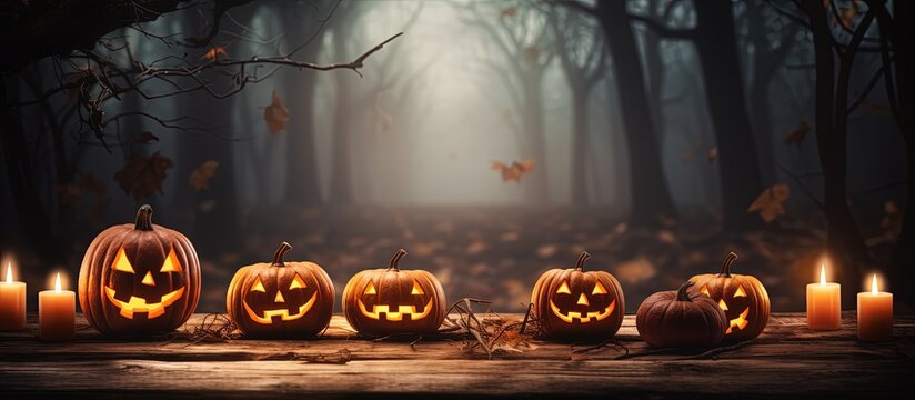Halloween banner with pumpkins on spooky forest table at night with copyspace for text