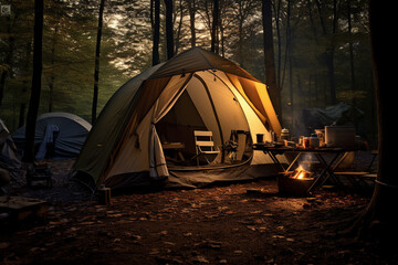 Tent tourist camp at night. Bonfire on the river bank. AI generated.