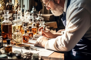 The perfumer is looking for a new fragrance. Lots of bottles of perfume ingredients on the desktop. AI generated.