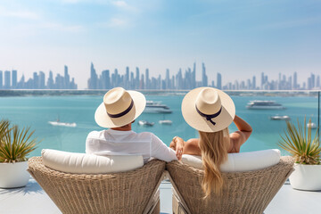A man and a woman sit on the terrace of a penthouse and admire the view of Dubai. - obrazy, fototapety, plakaty