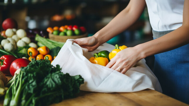 stockphoto, Female hands puts fruits and vegetables in cotton produce bag at food market. Reusable eco bag for shopping. Zero waste concept. Reusable bag. Eco friendly.