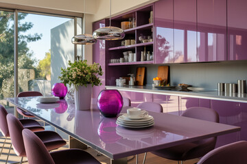 Modern spacious kitchen with purple chairs and purple kitchen furniture.