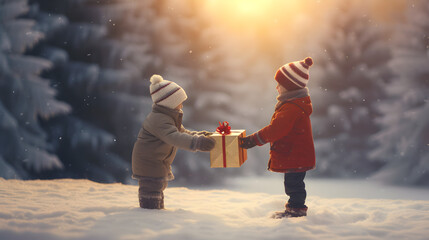 Two kids sharing a gift box for Christmas, looking at each other, face to face. Children playing xmas secret santa. Outdoor scene with sunset in the snow of winter. Wrapped present. - obrazy, fototapety, plakaty