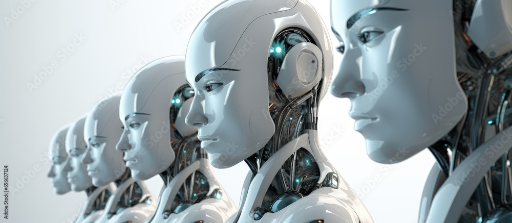 Poster image of a collection of cyborgs ai robots advanced tech humanoid device with copyspace for text