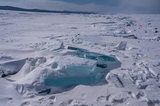On the ice of Lake Baikal. beautiful pieces of ice. Ice hummock on the ice of lake Baikal