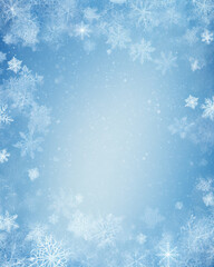Blue snowy winter New Year background with white falling snowflakes and copy space. 