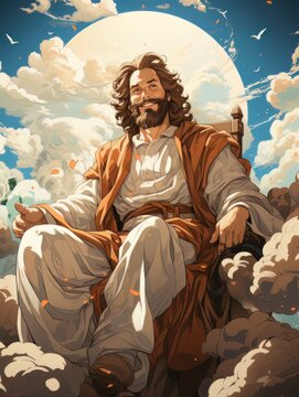 Cartoon Jesus Christ sitting in the clouds in the heavens of paradise. AI