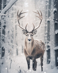 One noble male deer with huge branched horns stands and looks in camera in winter snowy forest. 