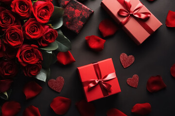 Bouquet red roses, hearts, petals and gift boxes on dark celebration flat lay Valentines day background. 
