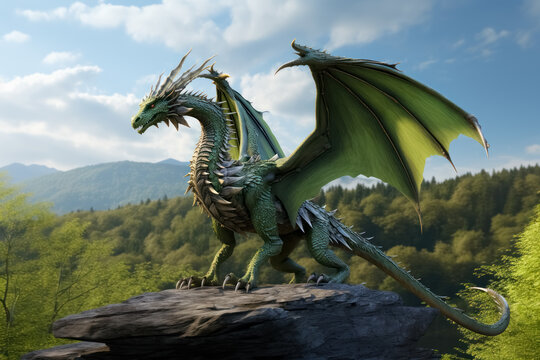 Large green dragon with wings stands on rock against blue sky background, symbol of year according to Chinese lunar calendar. 