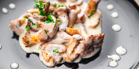 chanterelle julienne mushroom cream sauce fresh tasty meal food snack on the table copy space food background rustic top view 