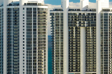Aerial view of Sunny Isles Beach city with luxurious highrise hotels and condos on Atlantic ocean...