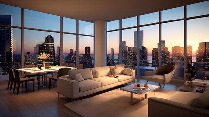Panorama of a modern living room with panoramic windows overlooking the city