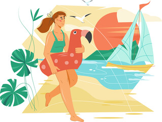 Summer beach vacation banner with character of woman going to swim. Summer seashore holiday.