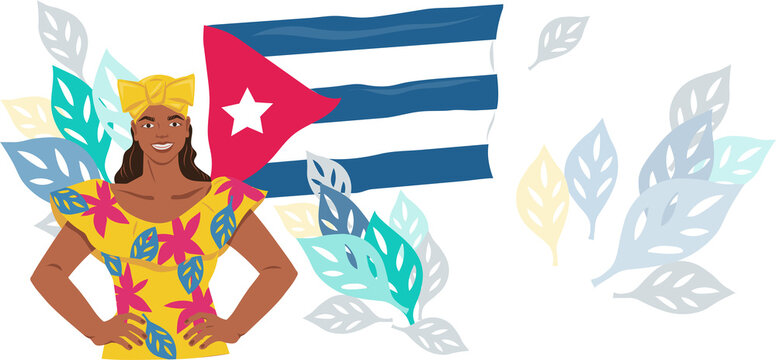 Cuba travel poster or flyer design with cuban woman at national flag backdrop. Cuba trip advertising banner or flyer for tourist agency background.
