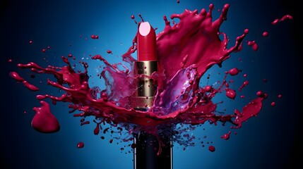 Red lipstick splashing out of a black bottle on a blue background - obrazy, fototapety, plakaty