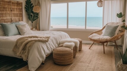 Bedroom decor, home interior design . Coastal Boho style with View decorated with Rattan and Linen material . Generative AI AIG26.
