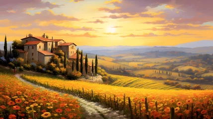 Fototapeten Panoramic view of Tuscan landscape with sunflowers. © Iman