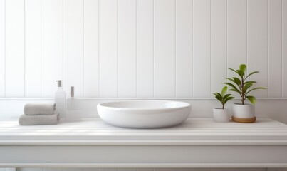 White bathroom interior. Empty wooden table top for product display with blurred bathroom interior background, Generative AI