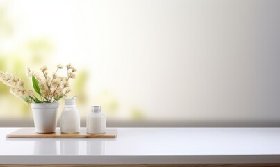White bathroom interior. Empty wooden table top for product display with blurred bathroom interior background, Generative AI