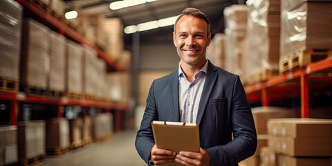 Smiling and laughing salesman in a hardware warehouse standing checking supplies on his tablet.