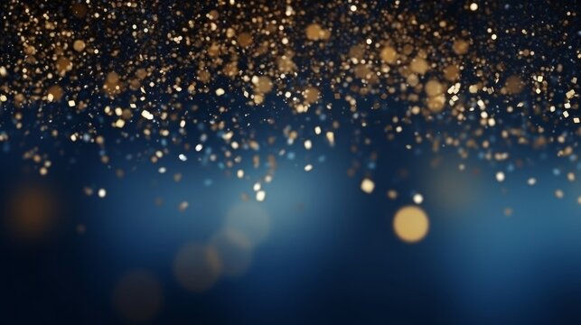 abstract background with Dark blue and gold particle. Christmas Golden light shine particles bokeh on navy blue background. Gold foil texture. Holiday, Generative AI