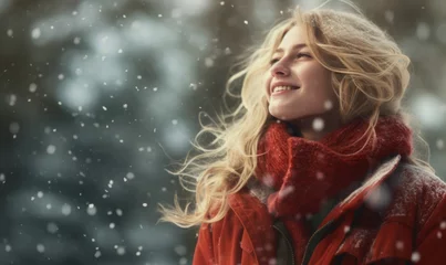Fototapete Nordlichter young woman with blonde hair and red coat enjoing snow fall in sun light