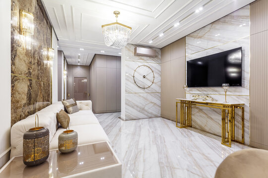 Living room in rich modern home with italian marble floor