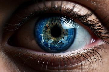 a close up of a person's eye with a blue eye - obrazy, fototapety, plakaty
