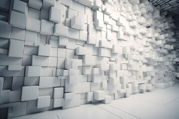 3d rendering of abstract white cubes in empty room. Futuristic background