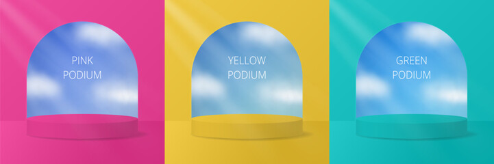 Pink, yellow and mint green podiums. Set of backgrounds with pedestals and arched windows. Product display. Cylinder, rays of light. Niche or alcove. Background with clouds on a blue sky.