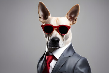 Portrait of a dog wearing a suit and sunglasses