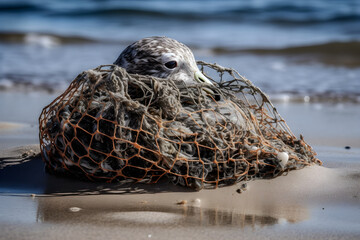A bird trap in fishing nets on the beach. Close-up