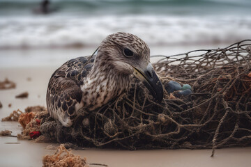 A bird trap in fishing nets on the beach. Close-up - obrazy, fototapety, plakaty