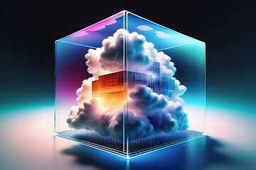 A digital illustration of Creative Cloud floating in a glass cube in a cloudscape, representing the future of digital creativity in the metaverse