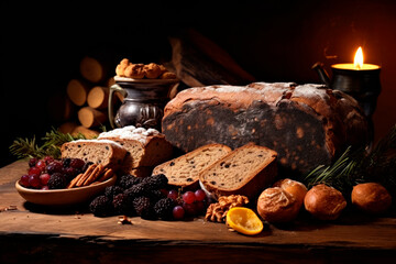 Traditional food for orthodox Christmas eve. Yule log or badnjak, bread, cereals, dried fruits and burning candle on wooden table. - obrazy, fototapety, plakaty