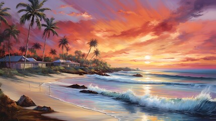 Beautiful panoramic seascape with palm trees and sunset