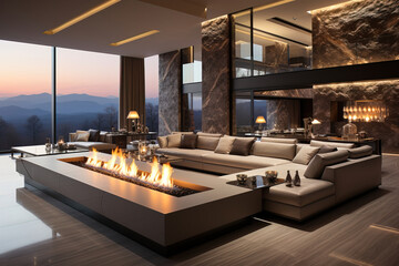modern luxury living room with stone walls and high ceilings. tall windows with mountain view