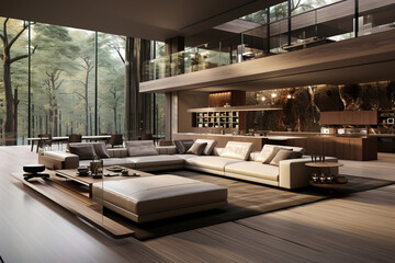 luxury modern living room with one large couch two floors and tall windows with a forest view